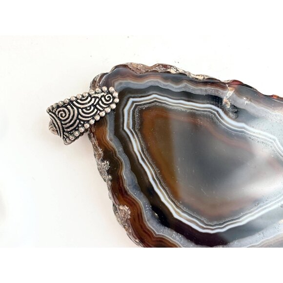 Brown & White Banded Sliced Agate Geode Crystal Large Silver T Vintage Pendant - Picture 8 of 16